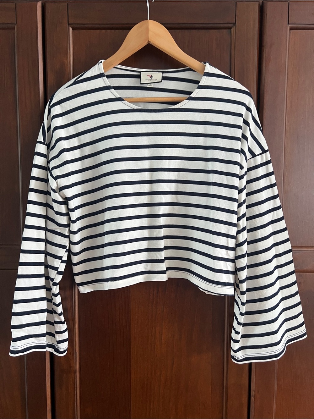 Tuckernuck Coastal Nautical Bell Sleeve Crop Top 100% Cotton Navy Cream Size S